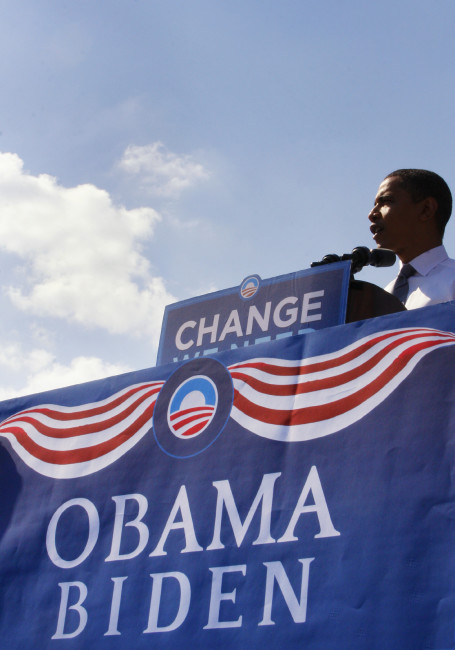 ASHEVILLE, NC - OCT. 5: Presidential candidate Barack Obama speaking at a podium during a campaign rally at Asheville High School on October 5, 2008.