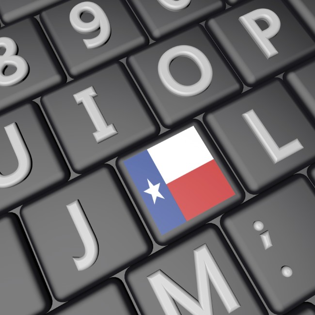 Texas flag over key on keyboard, 3d render, square image